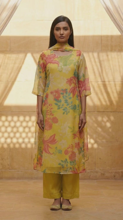 Yellow Floral Printed Organza Straight Kurta with Pants and Dupatta Set