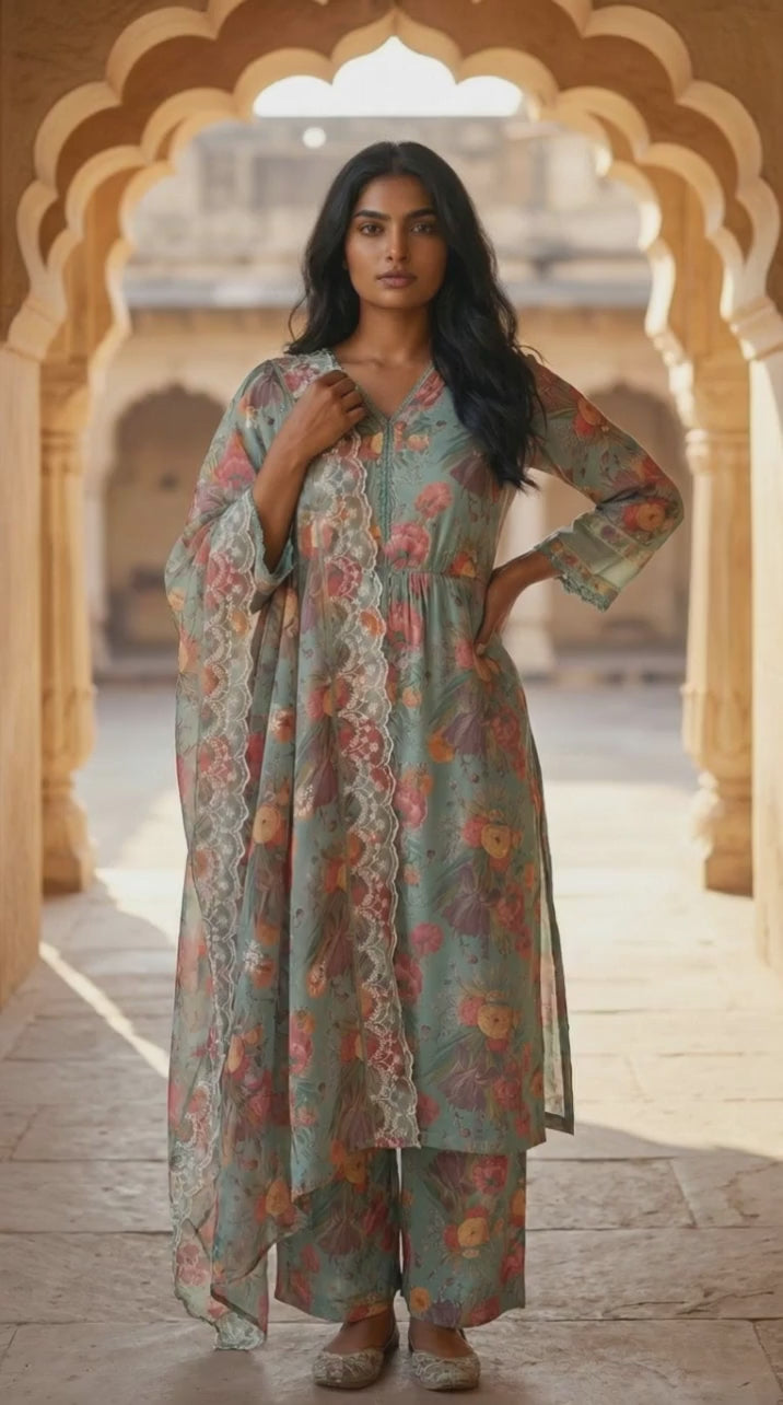 Sea Green Floral Printed Straight Kurta with Flared Pants and Dupatta Set