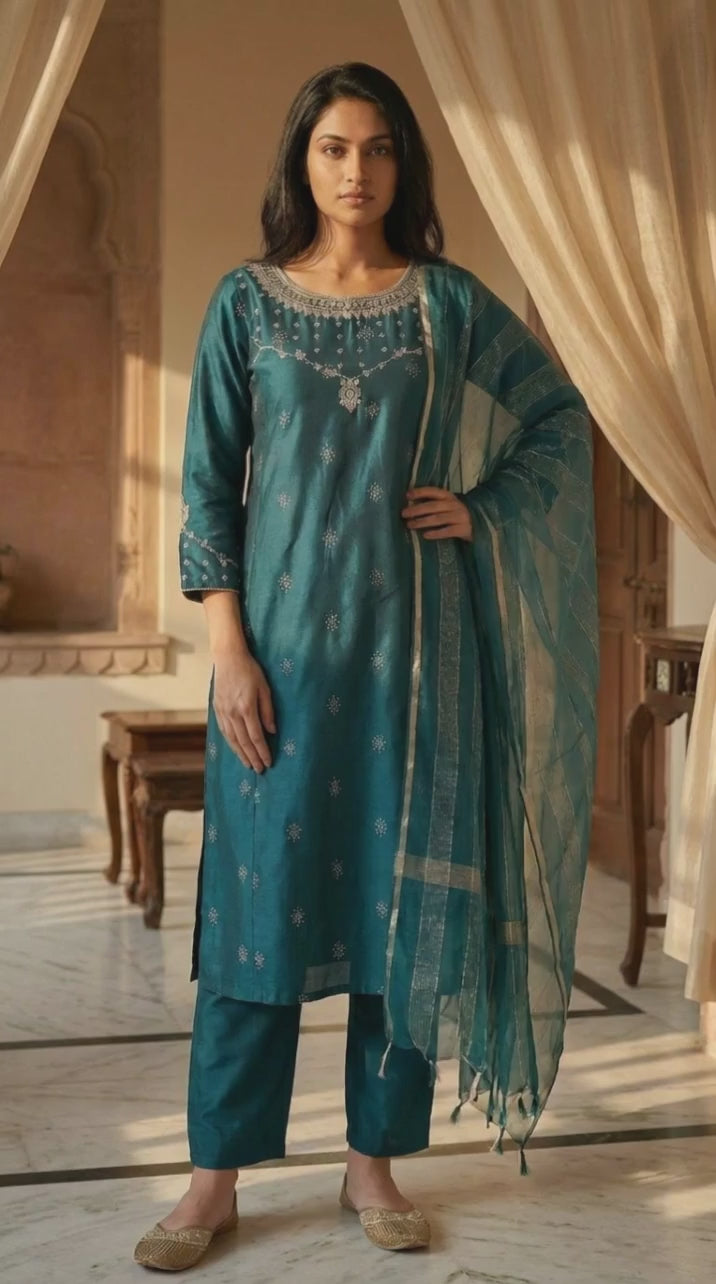 Teal Embroidered Straight Kurta with Straight Pants and Dupatta Set