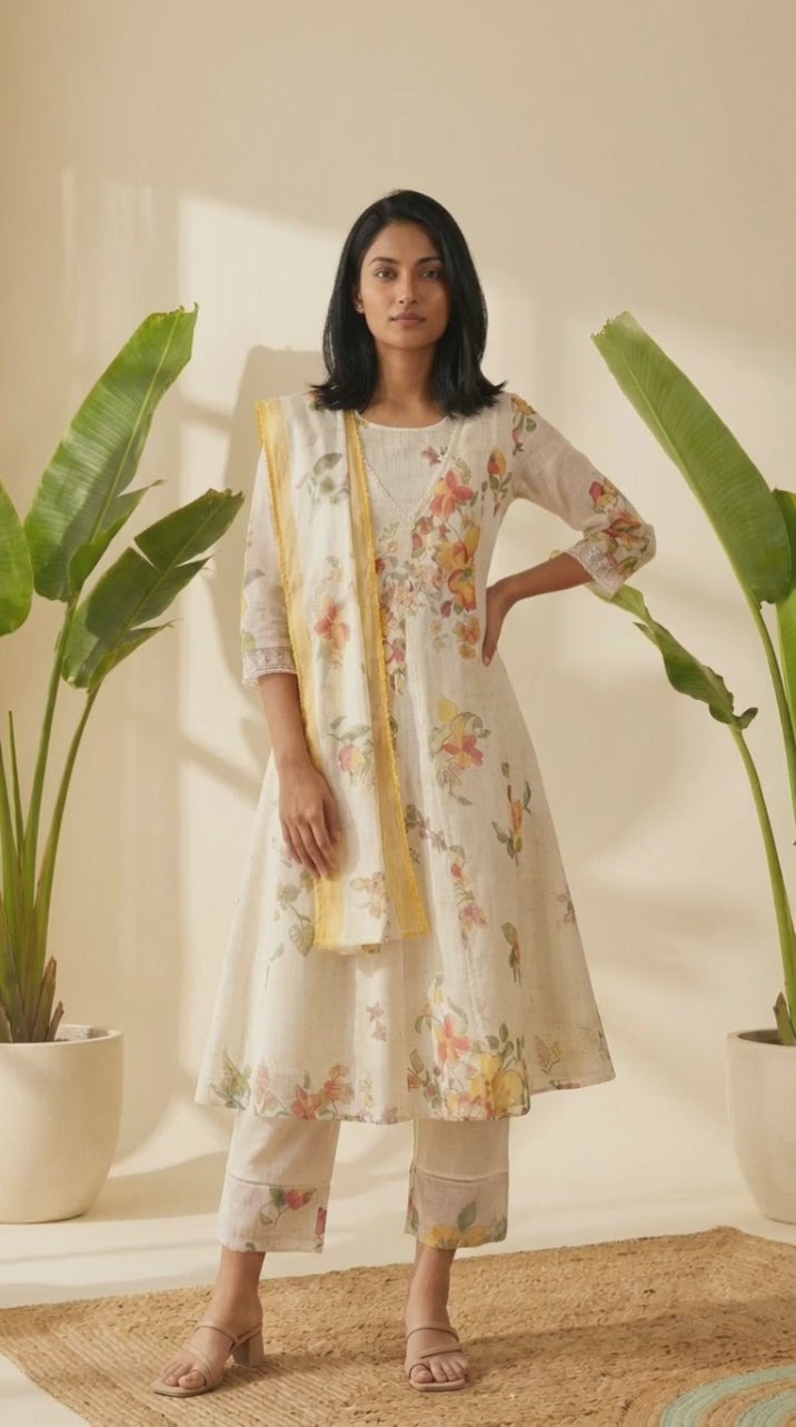 White Floral Printed Mock Layered Kota Flared Kurta and Pants Set with Dupatta
