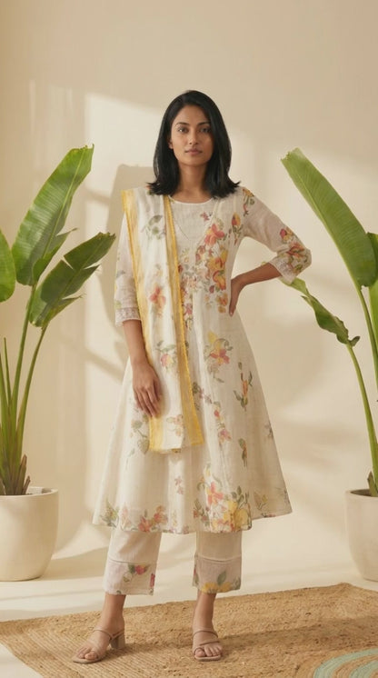 White Floral Printed Mock Layered Kota Flared Kurta and Pants Set with Dupatta