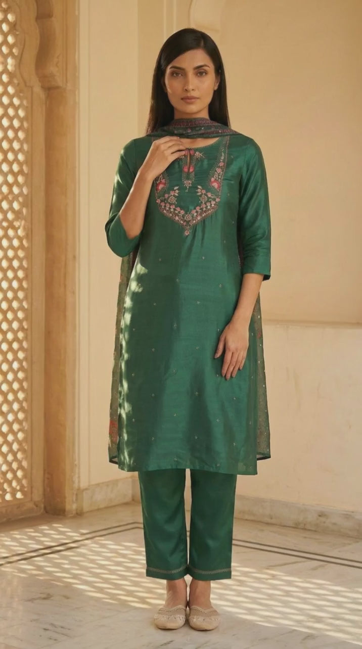 Green Thread Embroidered Straight Kurta and Pants Set with Dupatta