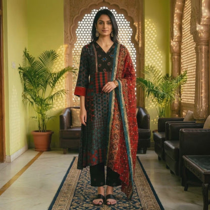 Black Multi-Coloured Patch Printed Metallic Embroidered A-Line Kurta, Pants And Dupatta Set