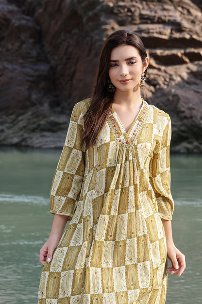 Green Paisley Printed Cotton Crepe Kurta with Mirror Embroidery