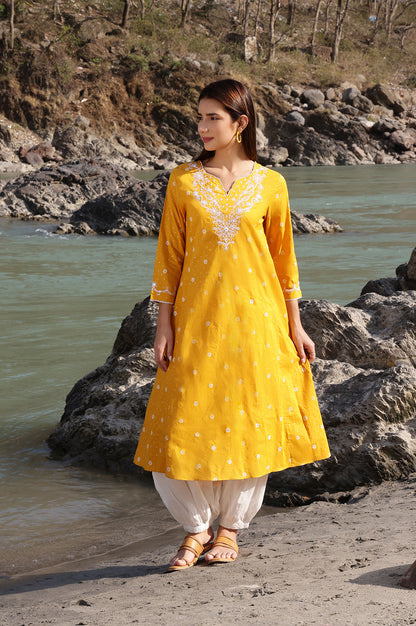 Marigold Yellow Printed Cotton Lurex Dobby Flared Kurta with Embroidered Yoke