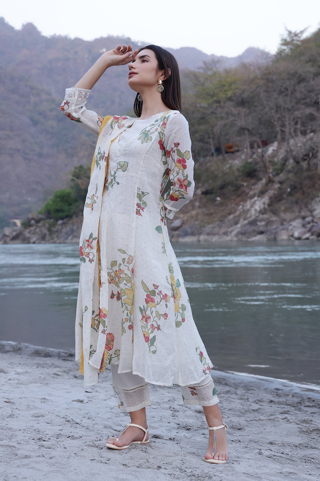 White Floral Printed Mock Layered Kota Flared Kurta and Pants Set with Dupatta