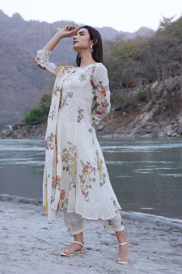 White Floral Printed Mock Layered Kota Flared Kurta and Pants Set with Dupatta