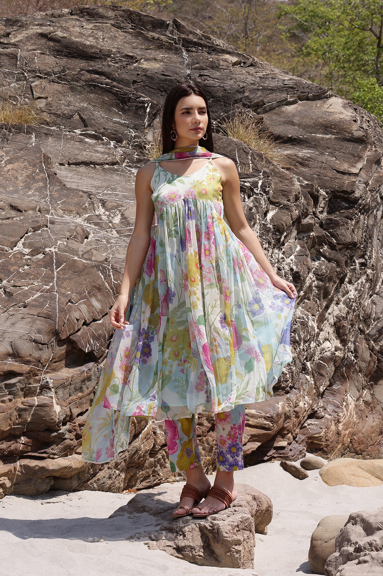 Light Blue Floral Printed Sleeveless Chiffon Kurta with Pants and Dupatta Set