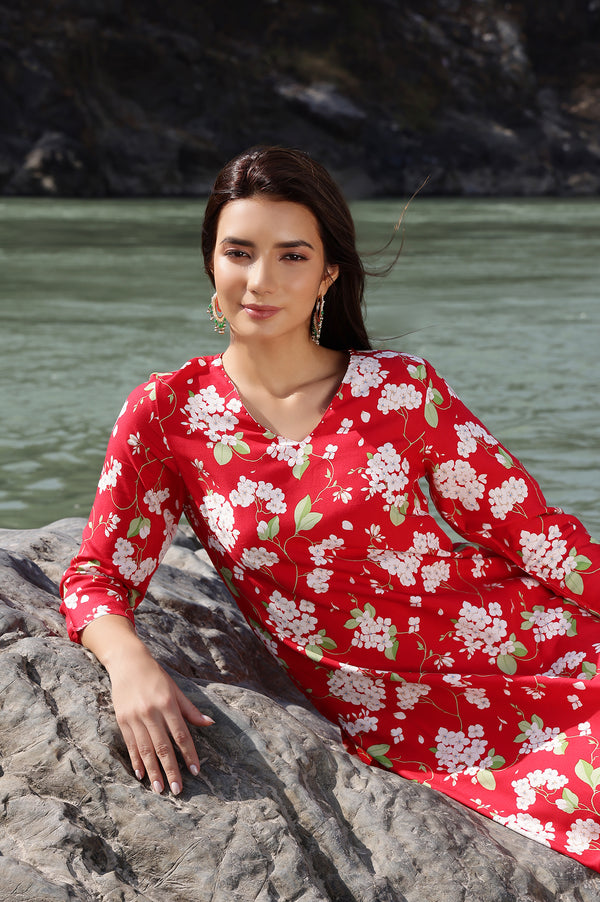 Red Floral Printed Beaded Rayon Straight Kurta and Pants Co-ord Set